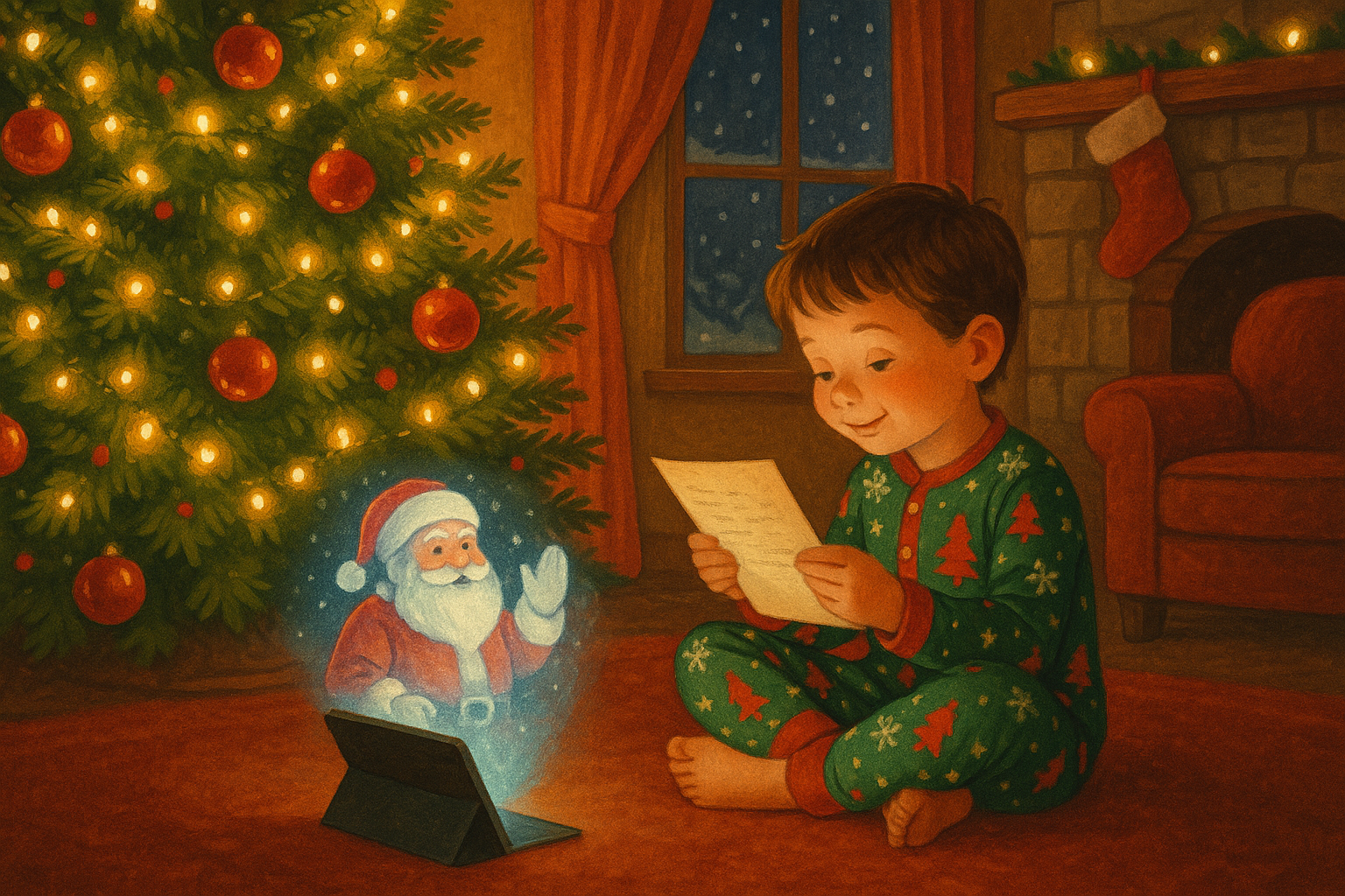 A child reads a letter next to a Christmas tree as a holographic Santa appears from a tablet.